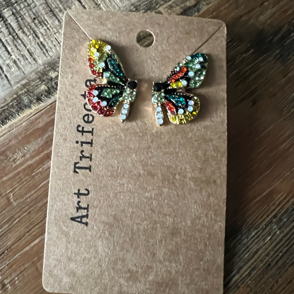 Gold Rhinestone Butterfly Stud Earrings